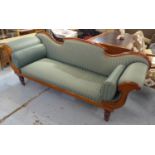 SETTEE, Victorian birch with green and grey striped upholstery and two shaped bolster cushions on