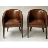 TUB ARMCHAIRS, a pair, hand dyed tobacco brown leather with rounded back and arms, 60cm W. (2)