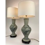 TABLE LAMPS, a pair, Chinese blue and white ceramic vase form decorated with fish, with carved