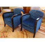 ART DECO CLUB ARMCHAIRS, a pair, with ebonised showframes and blue chenille upholstery, each 64cm
