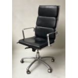 REVOLVING DESK CHAIR, Italian black leather reclining and revolving on an adjustable base with