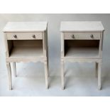 BEDSIDE/LAMP TABLES, a pair, George III design grey painted and silver metal mounted, each with