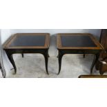 SIDE TABLES, a pair, with smoked glass tops, end drawers and black lacquer and gilt bases, 67cm W