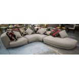 ROCHE BOBOIS CORNER SOFA, taupe fabric in three parts with eleven various scatter cushions, 66cm H x
