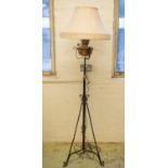 STANDING LAMP, early/mid 20th century black metal and copper with height adjustable stem and