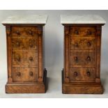 SIDE CABINETS, a pair, Victorian burr walnut each adapted with marble top above a panelled door