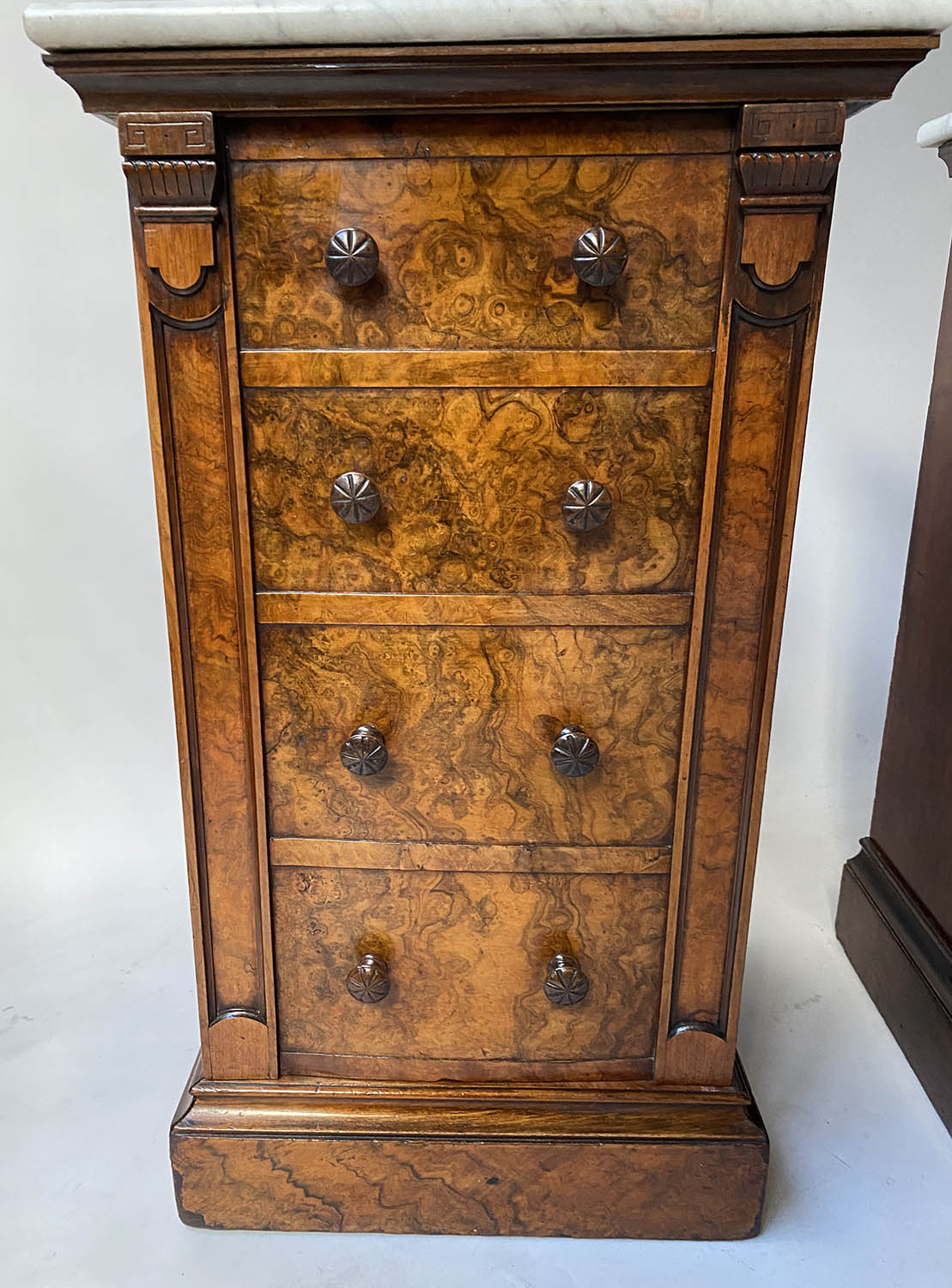 SIDE CABINETS, a pair, Victorian burr walnut each adapted with marble top above a panelled door - Image 8 of 8