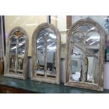 CONSERVATORY MIRRORS, distressed painted finish, a set of three, 95cm x 55cm. (3)