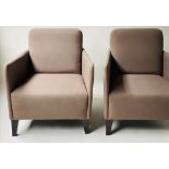 LOUNGE ARMCHAIRS, a pair, by Morgan Furniture, grey upholstered with square cushion backs and