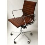 REVOLVING DESK CHAIR, Charles and Ray Eames inspired ribbed hand dyed mid brown leather revolving