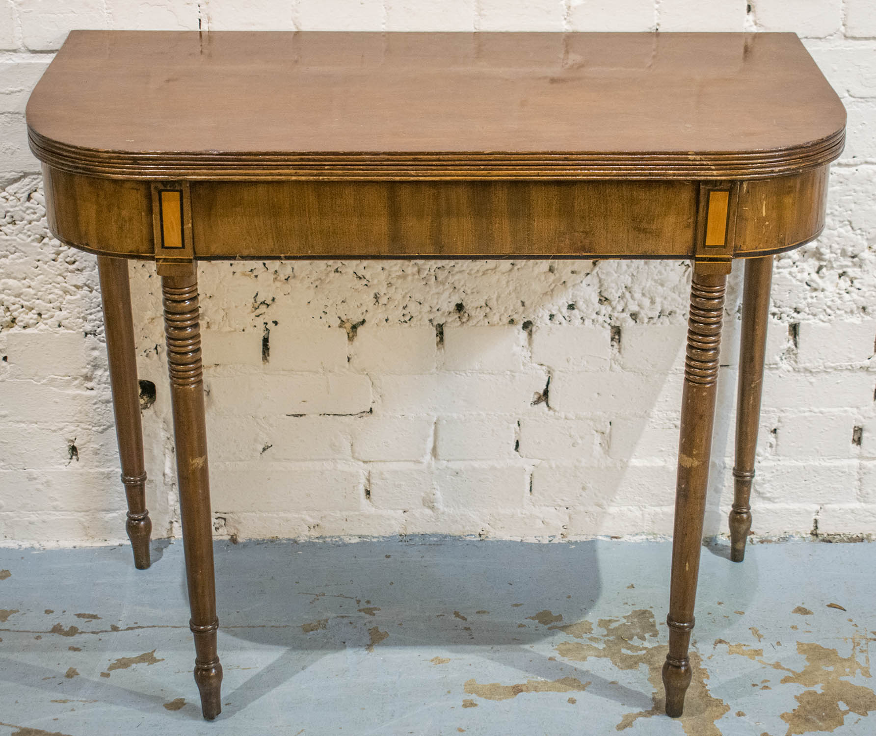 TEA TABLE, Regency mahogany with D shaped foldover top and satinwood inlaid frieze, 75cm H x 91cm