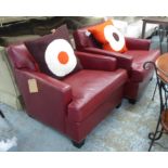 HOWARD CHAIRS LTD ARMCHAIRS, a pair, red leather, each with a Jonathan Adler cushion, 85cm W. (2)