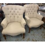 ARMCHAIRS, a pair, buttoned back, neutral upholstered, 95cm H approx. (2)