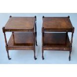 LAMP TABLES, a pair, George III design figured mahogany with two tiers brushing slide and drawer,
