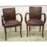 ARMCHAIRS, a pair, mid 20th century beechwood in brown leather, 57cm W. (2) (imperfections)