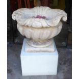 GARDEN URNS, a pair, reconstituted stone, each on an associated wooden square plinth, 68cm diam x