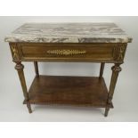 LAMP TABLE, French Empire revival walnut, having a grey and pink variegated marble top on tiered