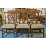 DINING CHAIRS, a set of eight including two carvers, mahogany with carved black splats, carvers each