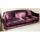 SOFA, country house style satin violet velvet with arched back and out swept arms, 245cm W.