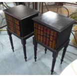 BEDSIDE CABINETS, a pair, English country house style, black painted with faux book spine doors,