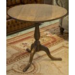 TRIPOD TABLE, George III oak with circular plank tilt top (one foot beech and later), 70cm H x 74cm.