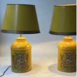 TABLE LAMPS, a pair, yellow toleware of tea canister form with shades, 73cm H. (2)