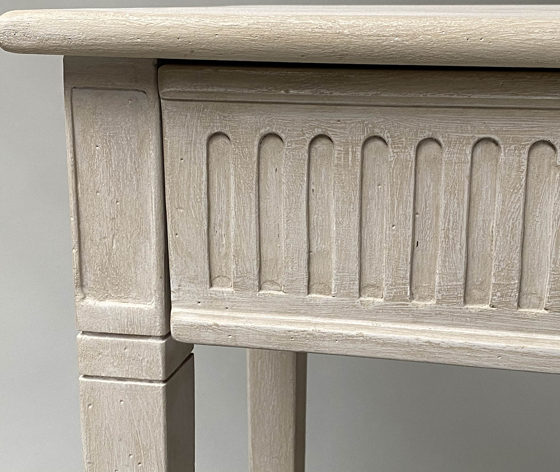 CONSOLE TABLE, French Louis XVI design grey painted and silvered metal with two fluted frieze - Image 7 of 7