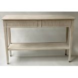 CONSOLE TABLE, French Louis XVI design grey painted and silvered metal with two fluted frieze