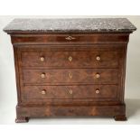 COMMODE, 19th century French Louis Philippe burr walnut and gilt metal mounted with marble top above