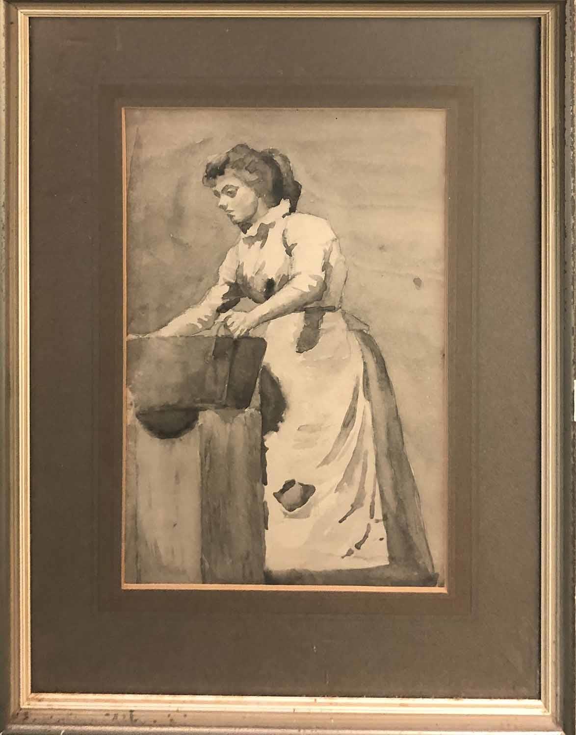 MANNER OF WINSLOW HOMER 'Girl with Washing Bowl', monochrome watercolour, 24cm x 15cm, framed.