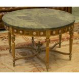 LOW TABLE, Louis XVI style beech, and brass mounted with circular green marble top above a ceramic