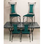 DINING TABLE AND FOUR CHAIRS, 1970s with a formica top on black metal base, 168cm L x 76cm W x