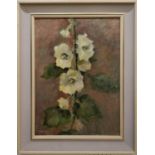 VALERIE M. THOMPSON, 'Still Life, Hollyhocks', oil on board, signed, label verso, 54cm x 39cm,