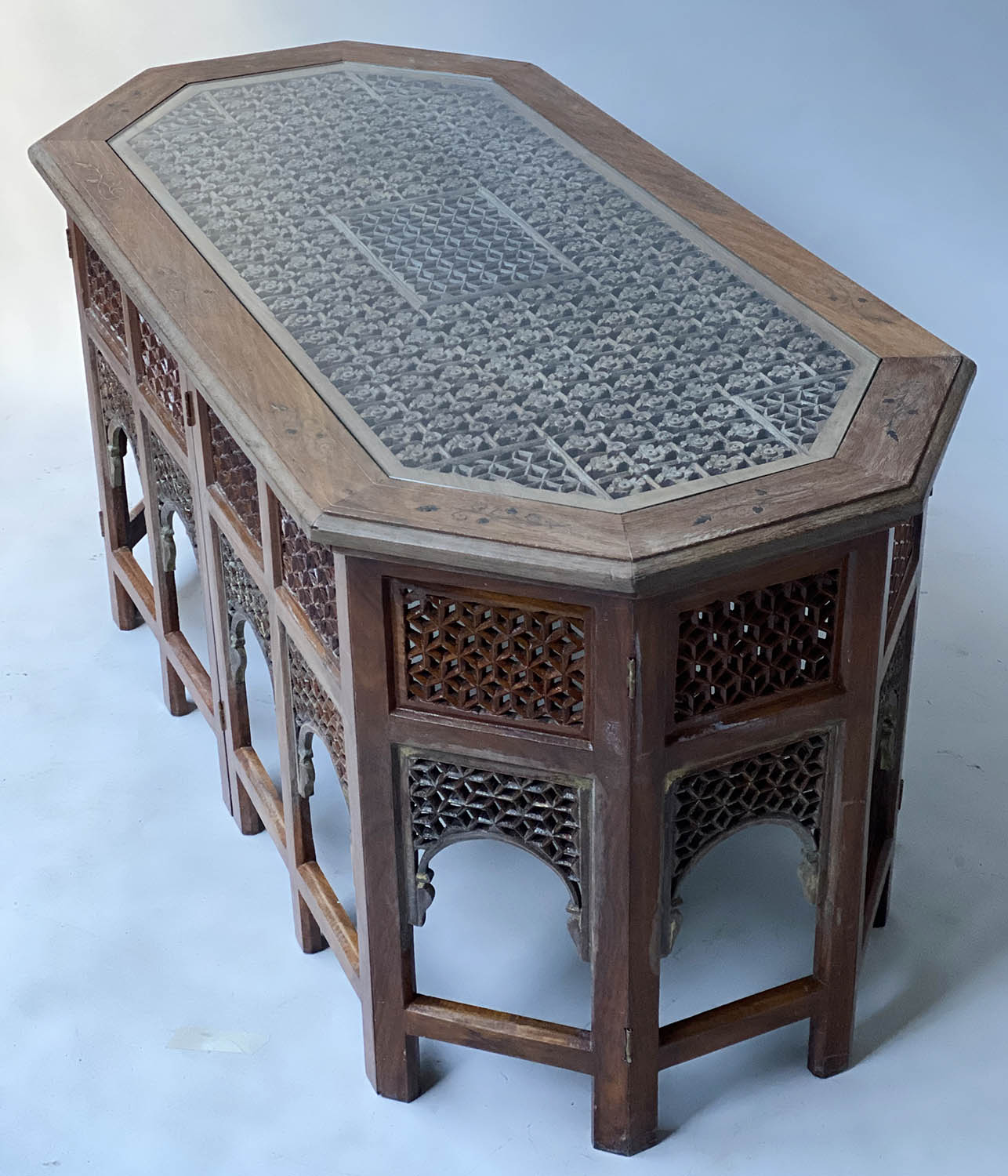 LOW TABLE, vintage Moorish teak and brass inlaid octagonal with pierced inset panels and glass - Image 5 of 7