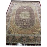 FINE PURE SILK QUM DESIGN RUG, 200cm x 150cm.