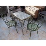 FRANCOISE CARRE STYLE GARDEN CHAIRS, a set of four, with associated garden serving table, marble