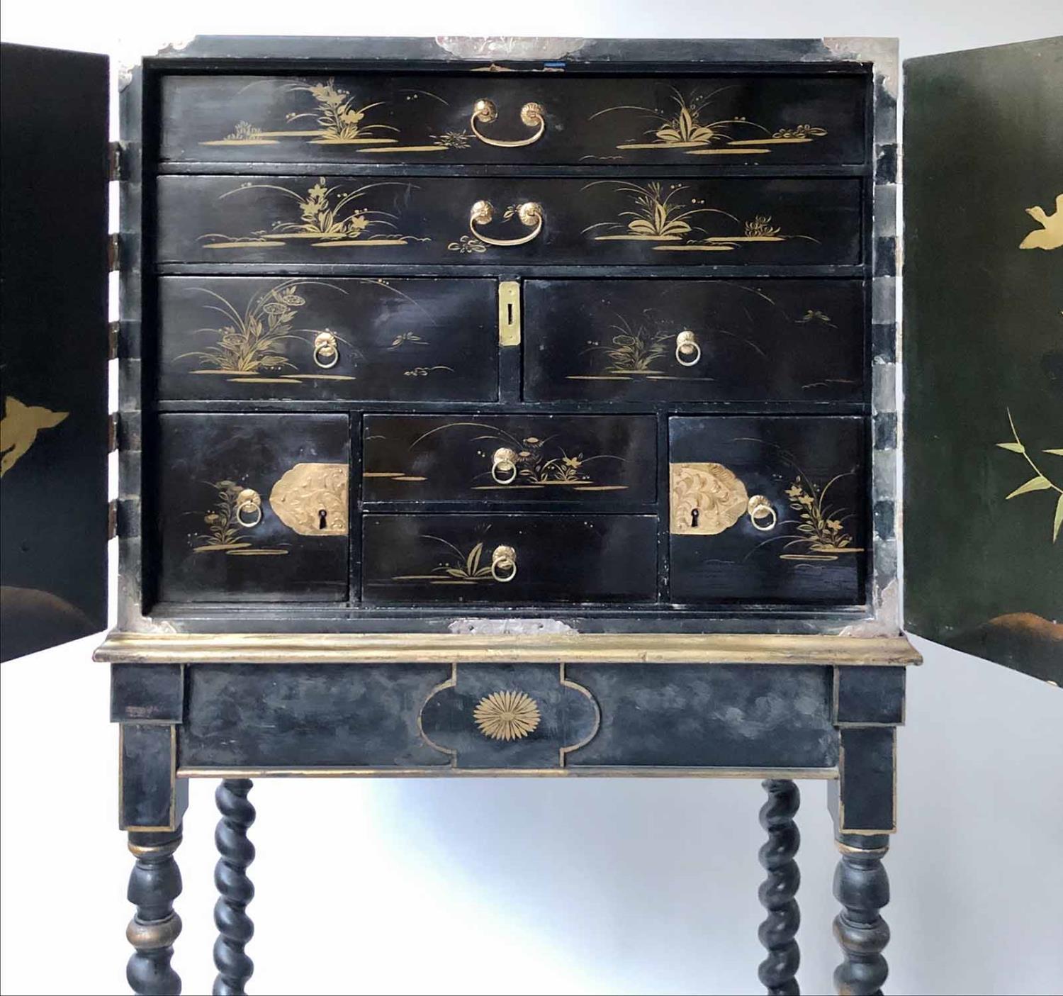 CABINET ON STAND, 18th century Chinese export decorated gilt and black lacquer with two doors - Image 2 of 6