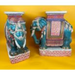 ELEPHANT STOOLS, a pair, in the manner of Thomas Goode, hand painted ceramic, each with seal mark to