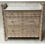 FAUX BAMBOO COMMODE, 19th century French painted with 3/4 galleried grey veined marble top above