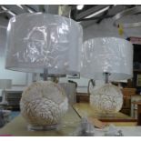 CLAM SHELL TABLE LAMPS, a pair, with shades, 61cm H. (2)
