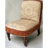 NURSING CHAIR, Victorian walnut with champagne brocade, buttoned velvet and reeded turned