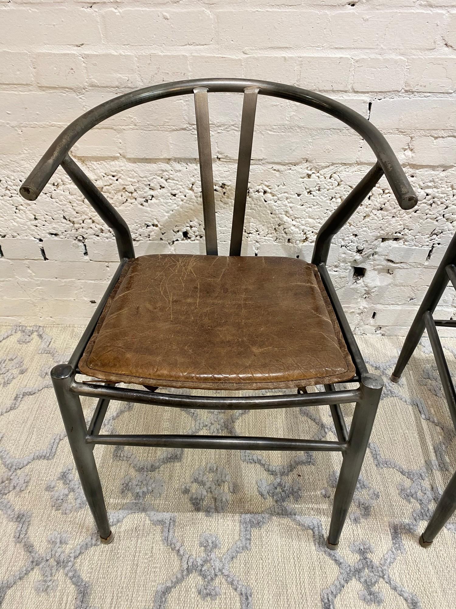 AFTER HANS J WEGNER WISHBONE STYLE CHAIRS, a pair, vintage steel framed with stitched brown - Image 4 of 4