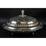 LIDDED SERVING DISH, of large proportions, silver plate marked Habis, embossed domed top with
