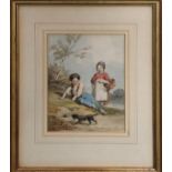 FREDERICK WILLIAM DAVIS (1862-1919) 'Children with Dog', watercolour, signed, 22cm x 17cm, framed.