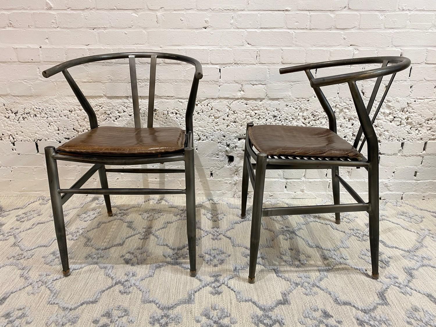 AFTER HANS J WEGNER WISHBONE STYLE CHAIRS, a pair, vintage steel framed with stitched brown - Image 2 of 4