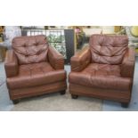 ARMCHAIRS, contemporary, a pair, stitched brown leather, 84cm H x 86cm W x 97cm D. (slight