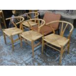 AFTER HANS J WEGNER WISHBONE STYLE CHAIRS, a set of four, each 58cm W. (4) (with faults)