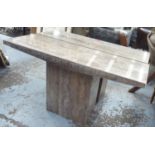 CONSOLE TABLES, a pair, marble, each with a rectangular top on a pedestal base, 140.5cm W x 74cm H x