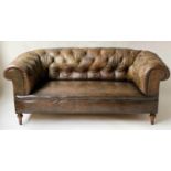 CHESTERFIELD SOFA, Victorian button leather and horse hair upholstered with curved back and arms