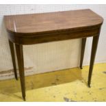 CARD TABLE, George III mahogany with hinged green baize D shaped top and brass castors, 78cm H x